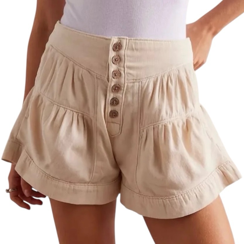 Free People Fleur Denim Short Button Front Tiered White / Beige Large Nwt
